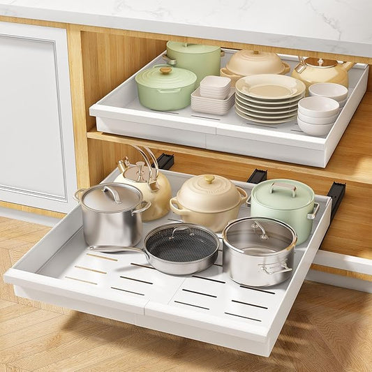 Pull out Cabinet Organizer, 1-Pack Expandable(13.6"-24") Silde out Drawers with Raising Pad for Framed Cabinets, Adjustable Full-Extension Adhesive Roll out Shelves for Kitchen Pantry Home Pot and Pan