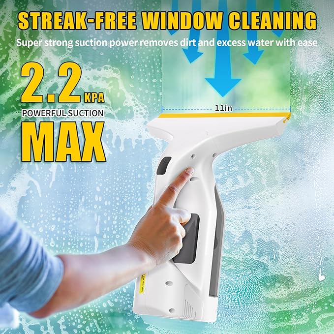 Electric Window Vacuum Squeegee Cordless 11", Window Cleaner with 2.2KPA MAX Suction, Perfect for Showers, Mirrors, Glass, Countertops
