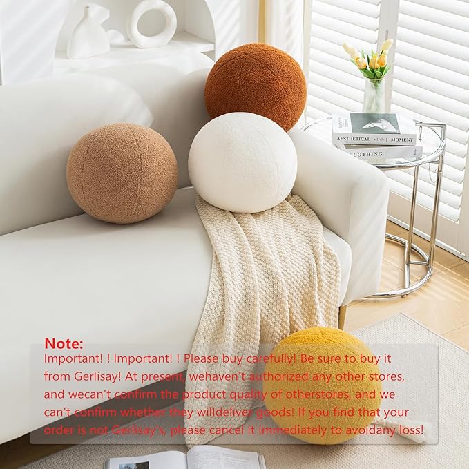 11.8 inch Ball Pillow Round Decorative Pillow Yellow Sphere Shaped Throw Pillows Soft Nordic Style Boucle Pillows Cushion for Bed Couch Living Sofa Room Decor
