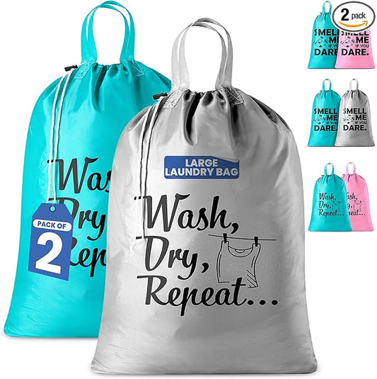 Extra Large Travel Laundry Bag - 2-Pack Fun Print Design Bags for Dirty Clothes - Durable Water-Resistant Fabric - Sturdy Drawstring Closure (Teal-Grey | Wash Dry Repeat)