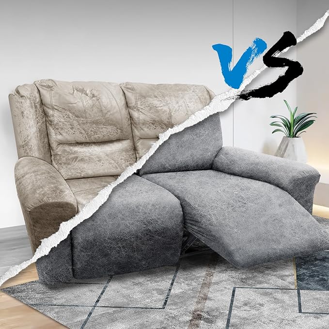 Loveseat Covers 6-Pieces Loveseat Recliner Cover 2 Seater Cover for Reclining Loveseat Cover Leather Look Recliner Slipcover with Pocket Spandex Furniture Covers(Recliner Loveseat, Light Grey)