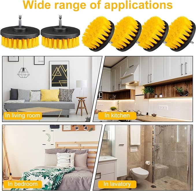 Drill Brush Attachment Power Scrubber Cleaning Kit Multi Purpose Drill Brush Set Drill Scrubber Brush Kit Cleaning Brushes for Drill Bathroom Surfaces Tub Grout Shower Kitchen (Yellow, 12 Pcs)