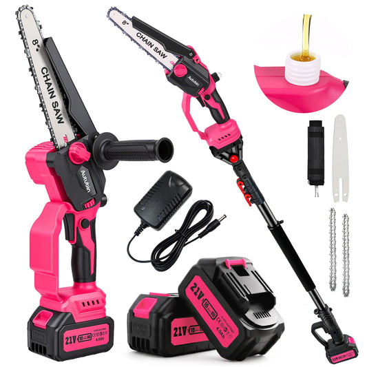 2-in-1 Pink Cordless Pole Saw for Tree Trimming, Branches Cutting - Image 1