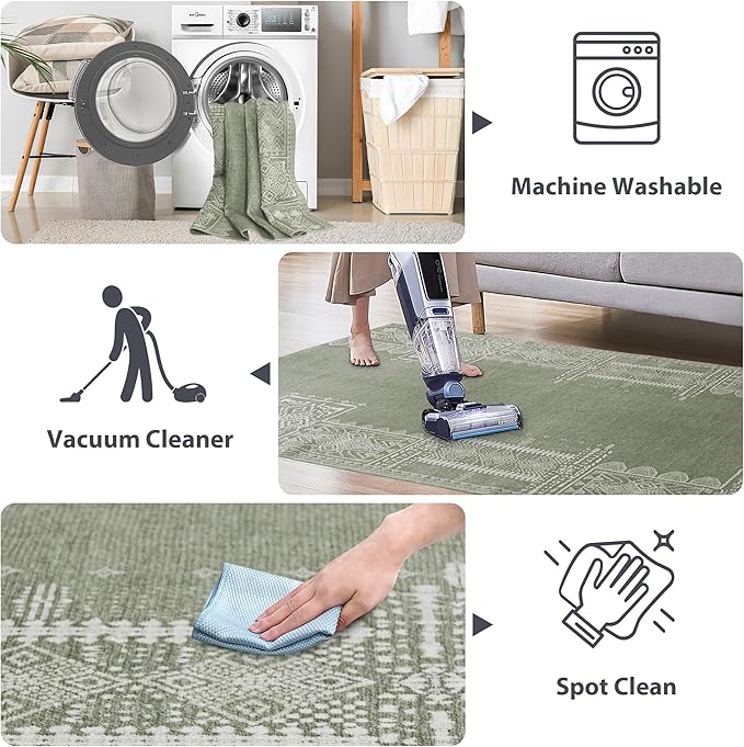 NICETOWN Washable 5x8 Green Area Rugs for Living Room, Ultra-Thin 5x8 Washable Christmas Rugs for Bedroom, Non-Slip Soft Large Bedroom Carpet Non Shedding for Dining Room Office, Sage Green