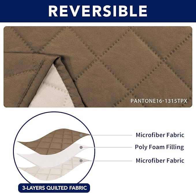PureFit Water Resistant Reversible Sofa Covers for Reclining Sofa 3 Seat - Non Slip Split Recliner Couch Cover for 3 Cushion Couch, Washable Furniture Protector for Kids, Dogs (3 Seat, Camel/Ivory)