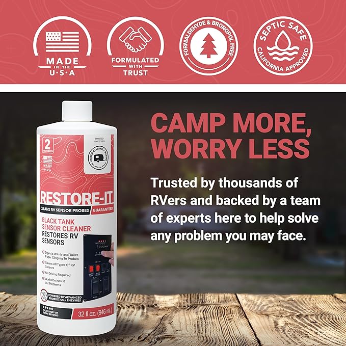 Unique Restore-It RV Sensor Cleaner Liquid - Cleans and Restores Misreading Sensor Probes by Removing Stuck-On Waste in Black Tanks - 2 Treatments Per Bottle (32 oz, 2-Pack)
