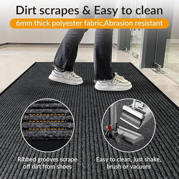 3' x 5' Moisture Guard Doormat, Commercial Grade Front Door Mat Striped Entrance Welcome Mat with Rubber Backing, Low Profile Commercial Rugs for Entryway, Easy to Clean(Charcoal Grey)