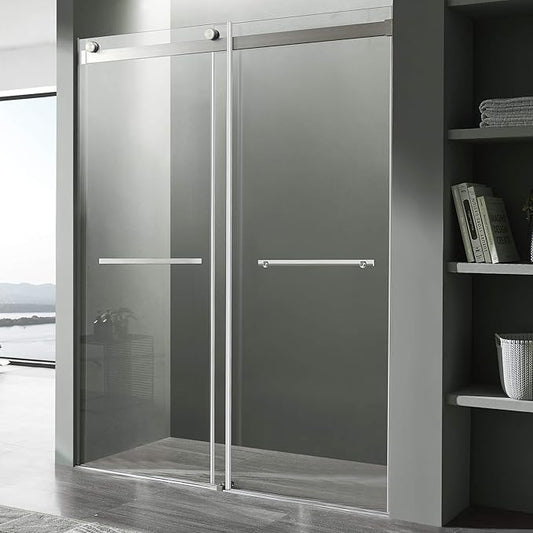 ANZZI 76 x 60 inch Frameless Shower Door, Brushed Nickel, Kahn Water Repellent Glass Shower Door with Seal Strip Parts and Handle | Easy Glide Rollers Sliding | SD-FRLS05802BN