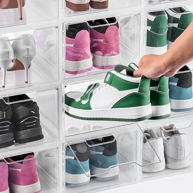 VEVOR Shoe Storage Boxes, 12 Pack Clear Stackable Shoe Boxes Storage Organizers with Magnetic Door, Fit up to US Size 13, Plastic Sneaker Containers for High Heels, Boots, and Hats, Transparent White