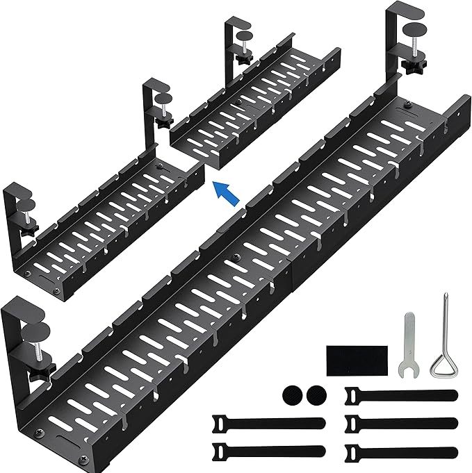 No Drilling Extendable Under Desk Cable Management, Metal Cable Management Tray Under Desk with Clamp, Retractable Power Strip Cord Holder for Wire Management 31Inch (1 Pack Black or white random 31')