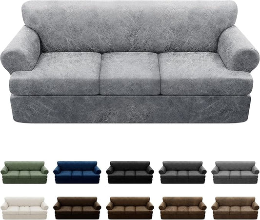 4-Piece T Cushion Sofa Slipcover - Leather Look Couch Cover for 3-Cushion Furniture - Stretch Protector With Individual Seat Covers - Washable, Light Grey