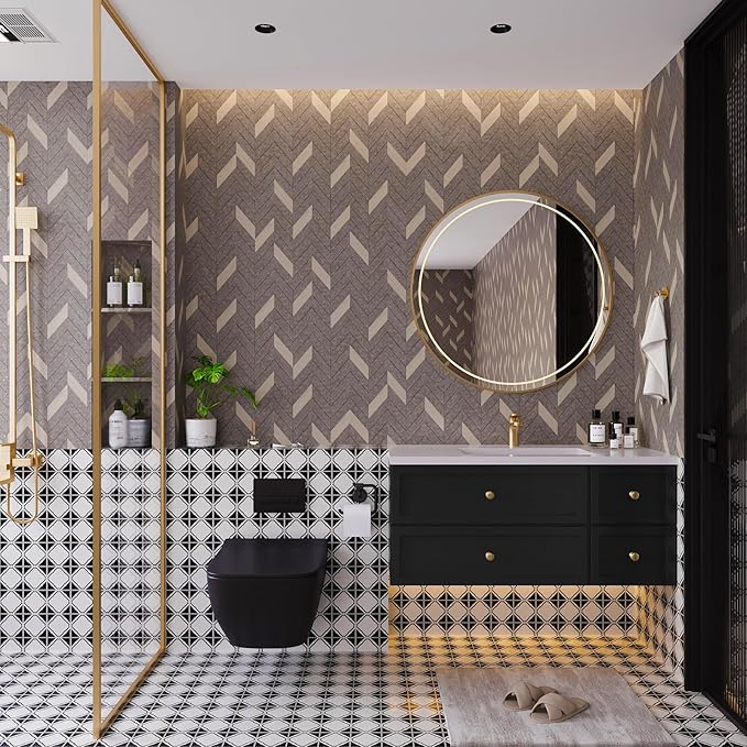 Herringbone Peel & Stick Wallpaper - Geometric Boho Contact Paper for Cabinets & Bedroom - 16''×118'' Adhesive Removable Waterproof Wallpaper for Bathroom & Laundry Room & Bedroom & Kitchen