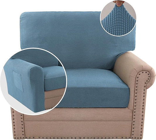 H.VERSAILTEX Multi-Pieces Chair Covers Stretch Couch Covers Form Fitted Seat and Back Cushions Covers (1 Seat Cover Plus 1 Back Cusion Cover, Bonus 2 Armrest Covers), Dusty Blue