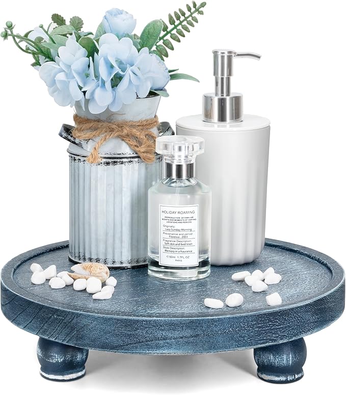 EOSAHR Decorative Display Risers for Living Room Decor - Farmhouse Wood Pedestal Stand for Kitchen Sink Organizer - Perfume Organizer for Bathroom Decor (Blue)