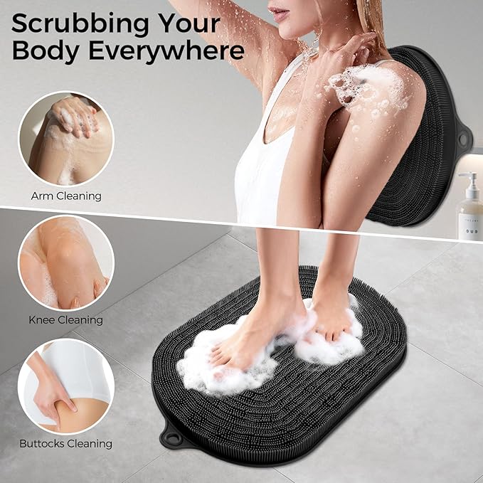 Shower Foot Scrubber - XXL Large Silicone Bath Mat for Exfoliating & Massaging Feet in Shower, Non-Slip Suction Cups, Dead Skin Remover, Callus Cleaner for Men & Women, 20.9"x13.8" Black