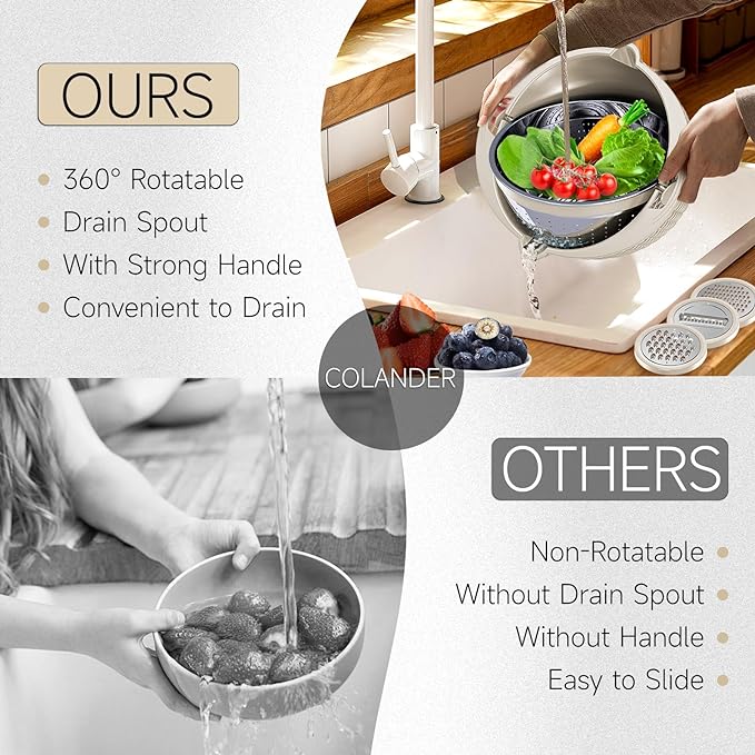 4-1 Colander with Bowl Set - Rotatable Colander Bowl with Measuring Spoons - Fruit Strainer Bowl, Food Strainers and Colanders Funny Presents for Women, Aesthetic Kitchen Gadget Essentials - Beige