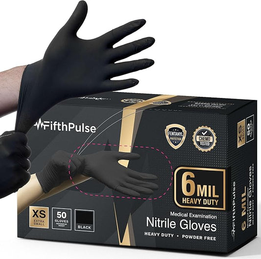 FifthPulse 6 Mil Black Nitrile Gloves, Heavy Duty Mechanic and Food Grade Glove - Powder-Free, Latex-Free Medical Exam Gloves