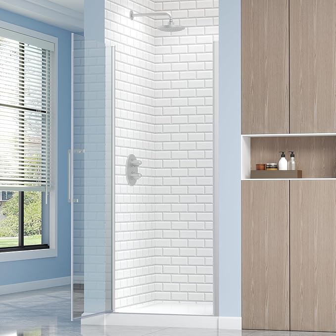 Frameless Pivot Shower Door 32.8-34" W X 72" H, 1/4" (6mm) Clear SGCC Tempered Glass, Hinged Pivot Swing Shower Door, Reversible Installation, Easy to Clean, Brushed Nickel
