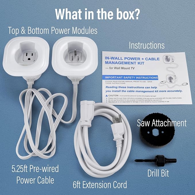 in-Wall Cable Management Kit, TV Cord Hider for Wall Mounted TV, Hide TV Cords for Wall Mount TV, TV Outlet Wall Kit Includes Power & Low Voltage Cable Management with Hole Saw Drill Attachment