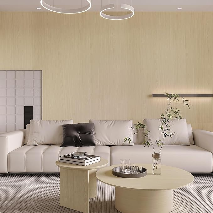 BOMENG Large White Oak Wood Contact Paper Peel and Stick Light Oak Wallpaper Countertops for Kitchen Beige Wood Wallpaper 48"x197" Faux Wood Grain Wall Paper for Cabinets Drawes Liner Walls Desk