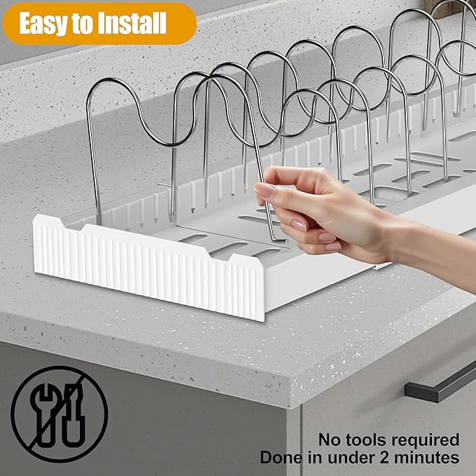 2 Pack Pots and Pans Organizer Racks Inside Cabinet, Expandable Pot & Food Container Lids Holder, Include 20 Stainless Steel Racks & White Plastic Base, Perfect for Kitchen & Countertop