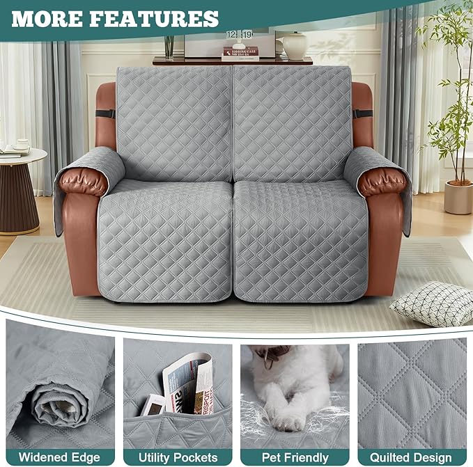Ruaozz Waterproof Recliner Sofa Covers, 1-Piece Reclining Couch Covers Non-Slip Sofa Slipcover Washable Furniture Protector with Elastic Straps Pocket for Kids Pets (Light Grey, XL 2 Seater)