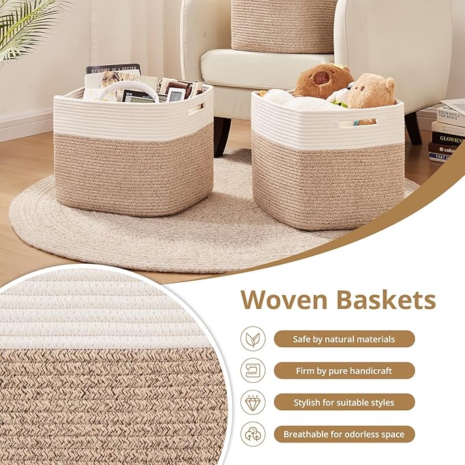 OIAHOMY 13 Kallax Inch Cube Storage Bins, 3-Pack Cotton Rope Woven Baskets for Organizing, Kallax Insert Storage Baskets for Shelves, Baby Nursery, Closet Organizer, 15 * 13 * 12.6IN, Brown & White