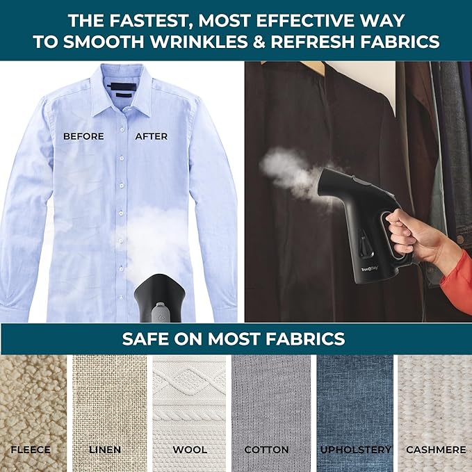 True & Tidy® Handheld Garment Steamer for Clothes with Water Cup Accessory, Portable Travel Steam Iron, Stainless Steel Plate up to 10 mins of Continuous Steam, 800 Watts, Black