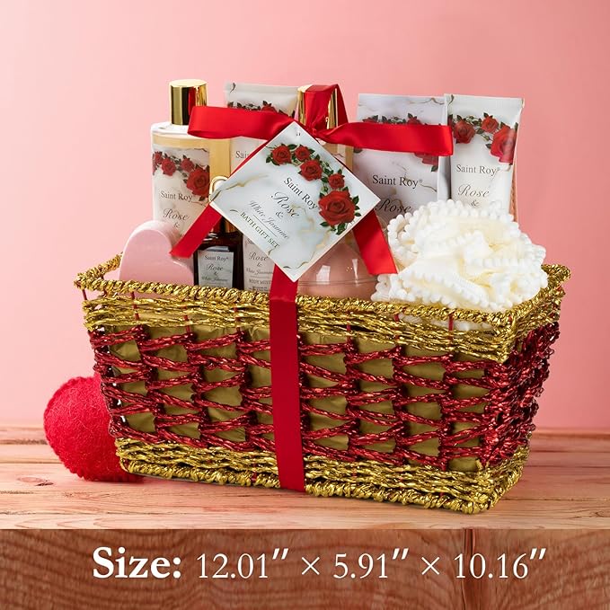 21 Pcs Luxury Spa Gift for Women, Red Rose Bath and Body Basket Gift, Skin Care Kit, Home Spa Self Care, Make-up sponge Brush, Pampering Kit, Birthday, Christmas, Mother, Bridal Shower, Anniversary