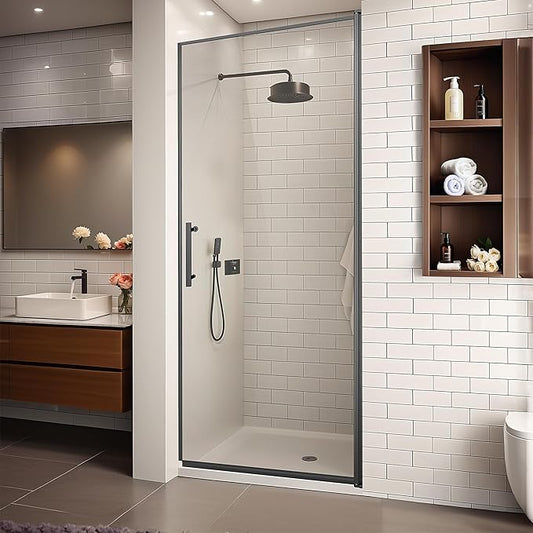 36-Inch Black Shower Door – 72" Height – 115° Opening (Left/Right) – Aluminum Frame – Sliding/Walk-in Glass Enclosure – Tempered Glass