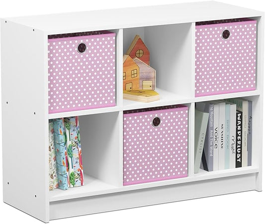 Furinno BASIC Book Shelf, 6-Cube Bookshelf with Open Shelf, 3 x 2 Bookcase with Storage Bins, Closed Back, Horizontal, 11.9" x 31.6" x 23.6", for Living Room, Bedroom, Home Office, White/Pink