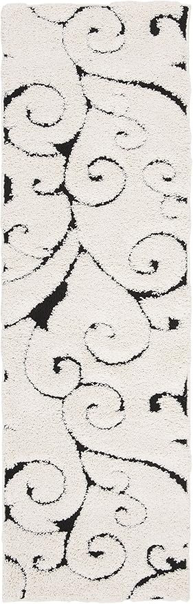SAFAVIEH Florida Shag Collection Runner Rug - 2'3" x 7', Ivory & Black, Scroll Design, Non-Shedding & Easy to Clean, High-Low Plush Pile, Ideal for Bedroom, Foyer, Hallway (SG455-1290)
