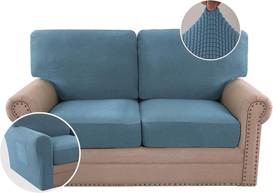 H.VERSAILTEX Multi-Pieces Sofa Covers Stretch Couch Covers Form Fitted Seats and Back Cushions Covers (2 Seat Covers Plus 2 Back Cusion Covers, Bonus 2 Armrest Covers), Dusty Blue