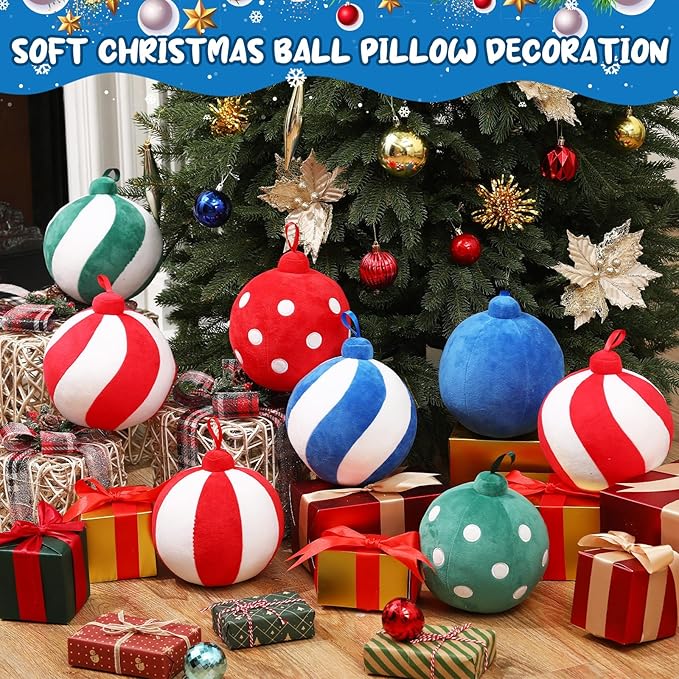 2 Pcs Christmas Pillows 7 Inch Round Christmas Ornament Shaped Throw Pillow Cute 3D Ball Xmas Throw Cushion Decoration for Bed Couch Sofa Chair Living Room(Blue and White)