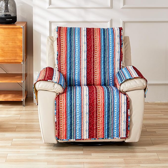 Cmfshape Skidproof Sofa Cover-Boho Sofa Slipcover with Elastic Straps-Easy Fit Slip Cover-Bohemian Washable Furniture Protector for Pets and Kids(Recliner,Blue)