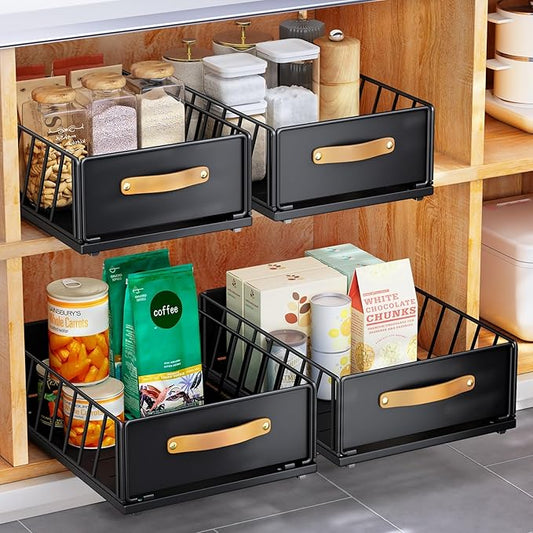 Pull out Cabinet Organizer, Fixed with Adhesive Nano Film,Heavy Duty Slide out Pantry Shelves Drawer Storage,Sliding Mesh Basket with Handle for Kitchen, Bathroom,Home, 13.8"W X15.7"D X6.2"H(Black)