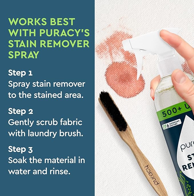 Puracy Natural Baby Laundry Stain Remover, Enzyme Odor Eliminator, Free & Clear 16 Fl Oz and Laundry Stain Remover Brush for Tough Stains, Effective Stain and Odor Eliminiation Bundle