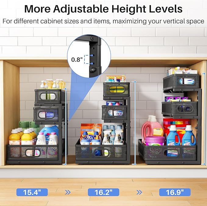 HERJOY Under Sink Organizer, 1-Pack 3-Tier Height Adjustable Thickened Metal Pull out Cabinet Organizer Shelf, Slide out Storage Drawer Rack for Bathroom Kitchen Pantry Home Laundry Organization