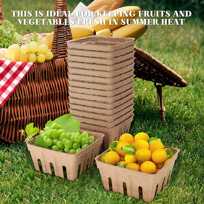20 Pack Natural Pulp Fiber Berry Basket,Small Molded Produce Vented Basket Kitchen Supplies for Strawberry Blueberry Raspberry, Fruit Tray for Fruit Vegetable Farmer Market Grocery(1Pint)