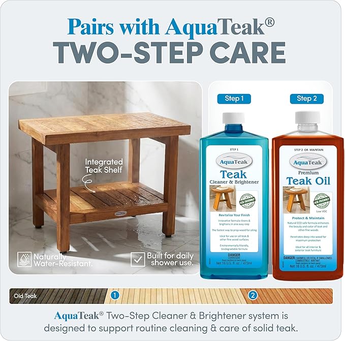 AquaTeak The Original 24" Spa Teak Shower Bench - Shower Stool with Storage Shelf for Bathroom - Durable Water Resistant Shower Chair with Teak Oil & Cleaner CareKit - Shaving Foot Rest