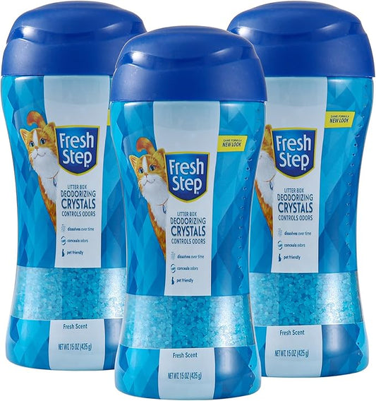 Fresh Step Cat Litter Crystals Deodorizer, Non Toxic Odor Neutralizing Crystals for Litter Boxes that Help Control Smells and Keep Home Areas Fresh, Fresh Scent, 15 Ounce - 3 Pack