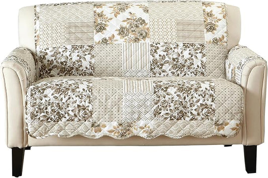 Great Bay Home Reversible Patchwork Loveseat Cover - Washable Slipcover Furniture Protector with Elastic Straps - Couch Cover for Dogs, Kids, and Pets - Box-Stitched Detail (Loveseat, Taupe)
