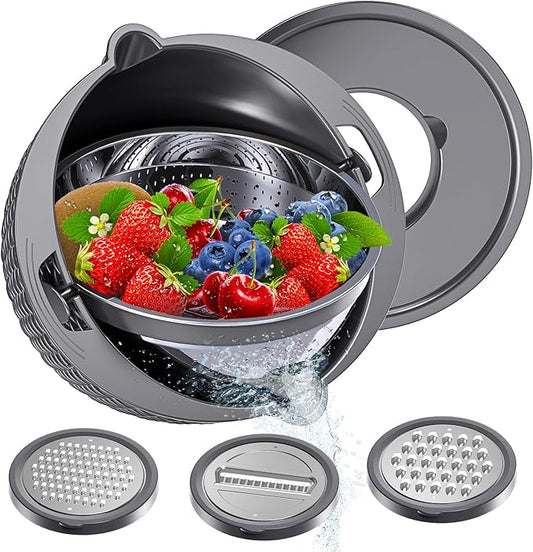 4-1 Colander with Mixing Bowl Set - Strainer With Bowl, Pasta And Rice Strainer, Strainer And Colanders, Fruit Cleaner, Veggie Wash, Salad Spinner, Apartment Essentials Kitchen Gadgets - Grey