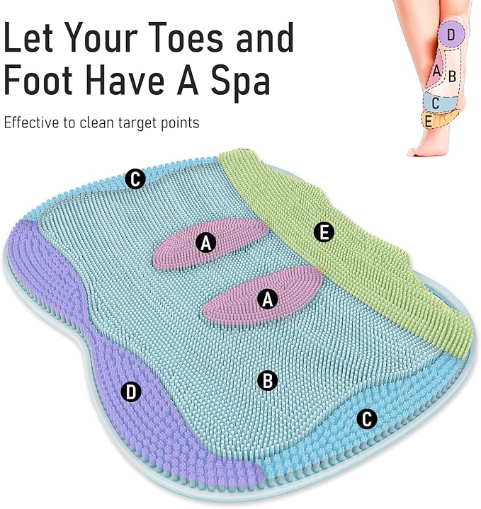 XL Shower Foot Scrubber Mat, Silicone Feet Massage Scrubber in Shower Clean Foot Toes Pad without Bending Non-slip Suction Cups -Blood Circulation Exfoliate Achy Relief 17.4*13.4" Light Blue