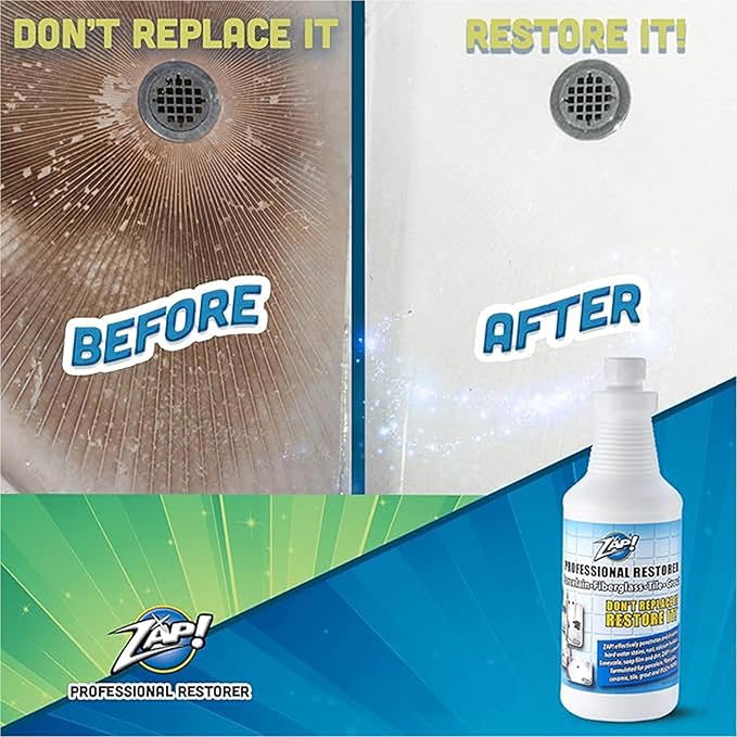 ZAP! Professional Tile & Grout Restorer | Cleans & Restores Porcelain, Fiberglass, Tile, & Grout Surfaces | Rust & Hard Water Remover | Kitchens & Bathroom Porcelain Sinks, Toilets, & Tubs