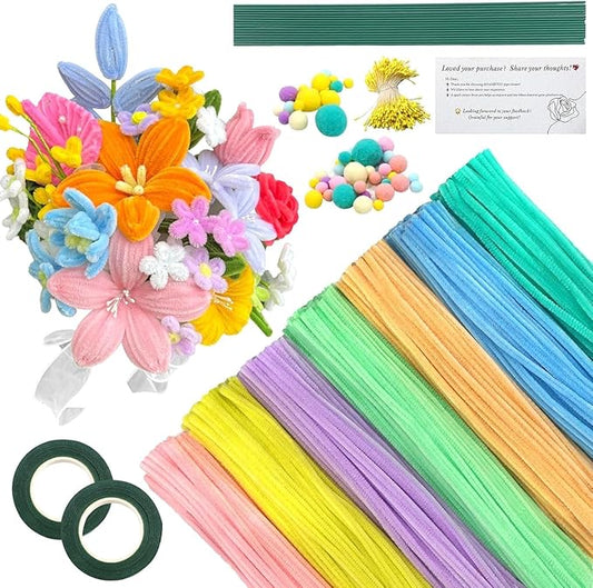 620 Pieces Pipe Cleaners Craft Set, 600 Pcs Pastel Chenille Stems with 20 Pcs Flower Stems, Craft Supplies Bulk for DIY Art and Craft Projects Creative Gift Wrapping Party Decorations(Macaron Series)