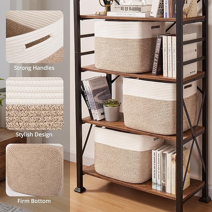 OIAHOMY 13 Kallax Inch Cube Storage Bins, 3-Pack Cotton Rope Woven Baskets for Organizing, Kallax Insert Storage Baskets for Shelves, Baby Nursery, Closet Organizer, 15 * 13 * 12.6IN, Brown & White