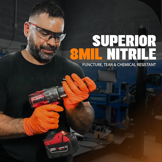 Herkules Grip Heavy Duty 8Mil Orange Nitrile Gloves,3D Raised Diamond Texture-Latex & Powder Free-Industrial, Mechanic (1, Small)