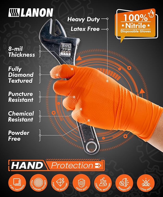 LANON 8mil Orange Disposable Nitrile Gloves, Mechanic, Heavy Duty, Food Safe, Latex Free, Powder Free, Fully-Diamond Textured, Medium