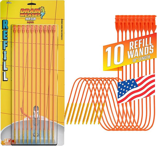 FlexiSnake Drain Weasel Refill - Sink Snake Hair Clog Remover Tool, Sink, Pipe, Bathroom, Bathtub Drain Cleaner, 18-inch Long Flexible Disposable Wands, Made in The USA, 10 Pack